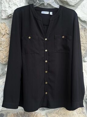 Susan Graver Blouse Top Size 12 (LG) Black Button Up Elevated Basic Career Wear